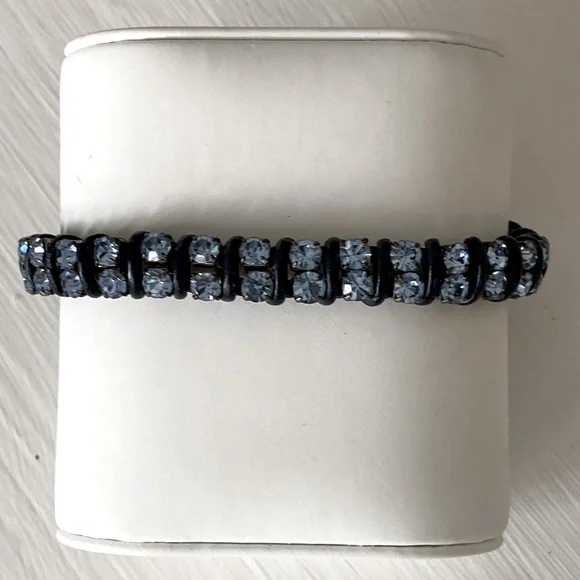 Fossil Sky Blue Crystal Rhinestone Leather Wrapped Bracelet Bohemian Sparkle - Picture 2 of 16